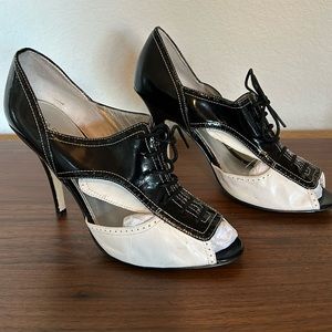 Marc Fisher white leather and black patent oxford heels.